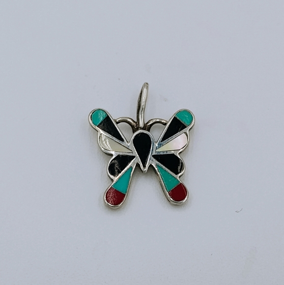 Vintage Zuni Small Butterfly Pendant Turquoise Multistone Inlay